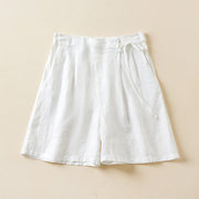 Buddha Stones Solid Color Two Buttons Lace-up Cotton Linen Women's Shorts With Pockets Women's Shorts BS White US12，UK/AU16，EU44 (3XL)