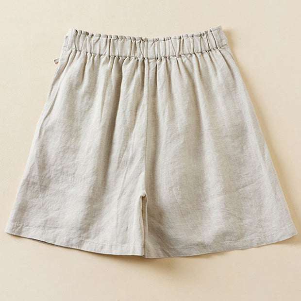 Buddha Stones Solid Color Two Buttons Lace-up Cotton Linen Women's Shorts With Pockets