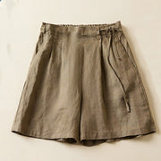 Buddha Stones Solid Color Two Buttons Lace-up Cotton Linen Women's Shorts With Pockets