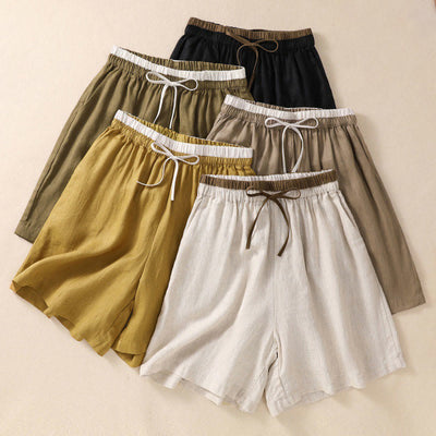 Buddha Stones Solid Color Contrast Color Waist Lace-up Cotton Linen Women's Shorts With Pockets