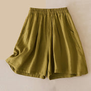 Buddha Stones Casual Solid Plain Color Cotton Linen Women's Shorts With Pockets Women's Shorts BS YellowGreen US12，UK/AU16，EU44 (3XL)