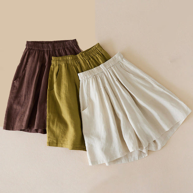 Buddha Stones Casual Solid Plain Color Cotton Linen Women's Shorts With Pockets Women's Shorts BS 1