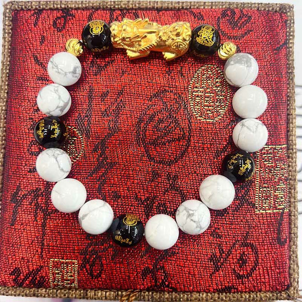 Buddha Stones Vintage White Turquoise Black Onyx Pixiu Beads Blessing Bracelet