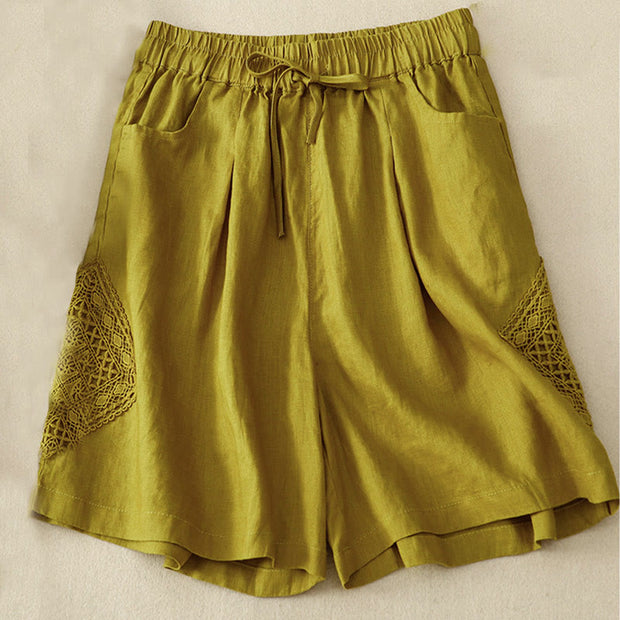 Buddha Stones Casual Solid Color Side Hollow Design Lace-up Cotton Linen Women's Shorts With Pockets Women's Shorts BS 34