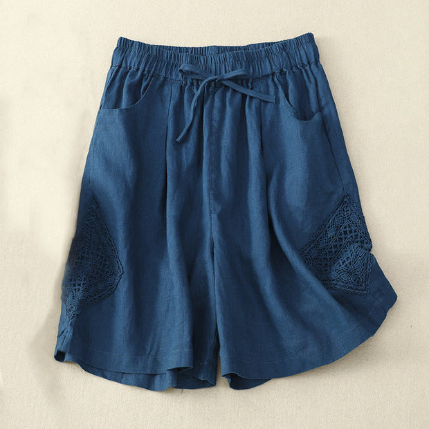 Buddha Stones Casual Solid Color Side Hollow Design Lace-up Cotton Linen Women's Shorts With Pockets Women's Shorts BS DarkBlue US12，UK/AU16，EU44 (3XL)