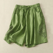 Buddha Stones Casual Solid Color Side Hollow Design Lace-up Cotton Linen Women's Shorts With Pockets