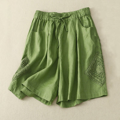 Buddha Stones Casual Solid Color Side Hollow Design Lace-up Cotton Linen Women's Shorts With Pockets Women's Shorts BS LimeGreen US12，UK/AU16，EU44 (3XL)