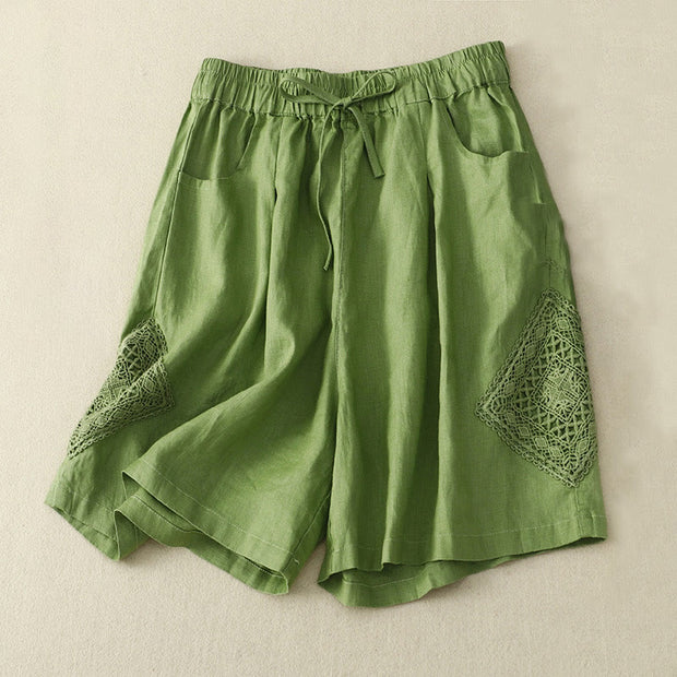 Buddha Stones Casual Solid Color Side Hollow Design Lace-up Cotton Linen Women's Shorts With Pockets Women's Shorts BS LimeGreen US12，UK/AU16，EU44 (3XL)