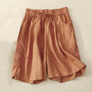 Buddha Stones Casual Solid Color Side Hollow Design Lace-up Cotton Linen Women's Shorts With Pockets