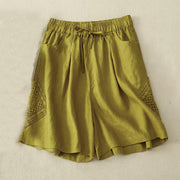 Buddha Stones Casual Solid Color Side Hollow Design Lace-up Cotton Linen Women's Shorts With Pockets Women's Shorts BS YellowGreen US12，UK/AU16，EU44 (3XL)