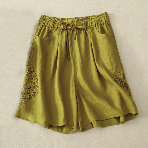 Buddha Stones Casual Solid Color Side Hollow Design Lace-up Cotton Linen Women's Shorts With Pockets Women's Shorts BS YellowGreen US12，UK/AU16，EU44 (3XL)