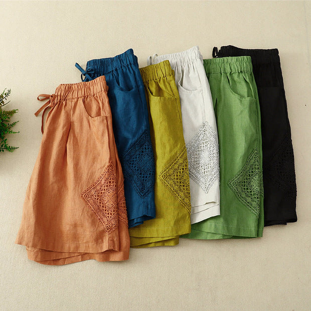 Buddha Stones Casual Solid Color Side Hollow Design Lace-up Cotton Linen Women's Shorts With Pockets Women's Shorts BS 1