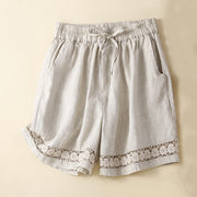 Buddha Stones Plain Color Bottom Hollow Lace Design Lace-up Cotton Linen Women's Shorts With Pockets Women's Shorts BS Beige US12，UK/AU16，EU44 (3XL)