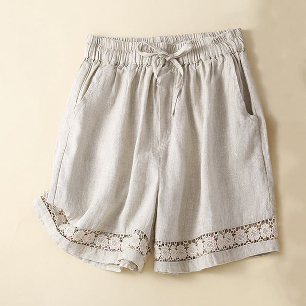 Buddha Stones Plain Color Bottom Hollow Lace Design Lace-up Cotton Linen Women's Shorts With Pockets