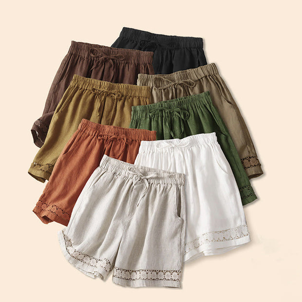 Buddha Stones Plain Color Bottom Hollow Lace Design Lace-up Cotton Linen Women's Shorts With Pockets Women's Shorts BS 1