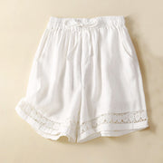 Buddha Stones Plain Color Bottom Hollow Lace Design Lace-up Cotton Linen Women's Shorts With Pockets