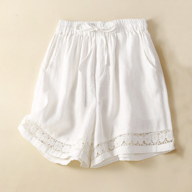 Buddha Stones Plain Color Bottom Hollow Lace Design Lace-up Cotton Linen Women's Shorts With Pockets Women's Shorts BS White US12，UK/AU16，EU44 (3XL)