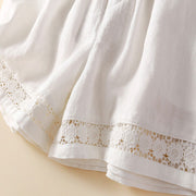 Buddha Stones Plain Color Bottom Hollow Lace Design Lace-up Cotton Linen Women's Shorts With Pockets