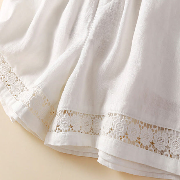 Buddha Stones Plain Color Bottom Hollow Lace Design Lace-up Cotton Linen Women's Shorts With Pockets Women's Shorts BS 27