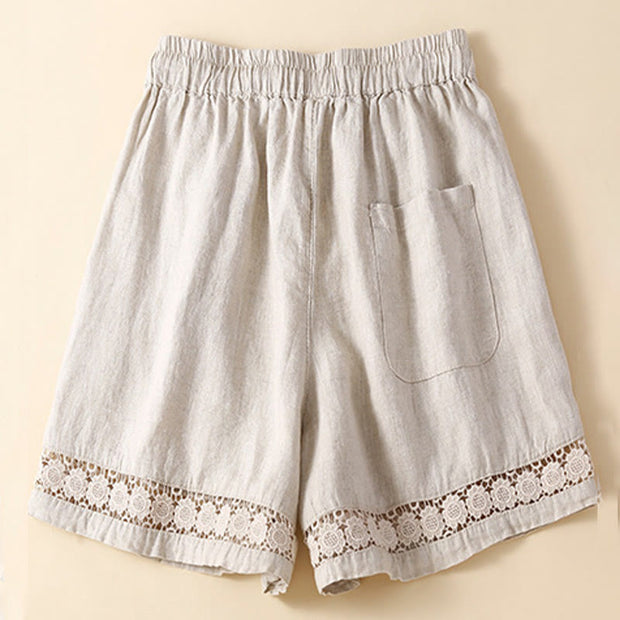 Buddha Stones Plain Color Bottom Hollow Lace Design Lace-up Cotton Linen Women's Shorts With Pockets Women's Shorts BS 2