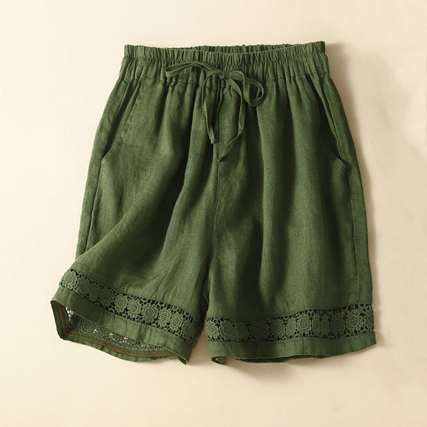 Buddha Stones Plain Color Bottom Hollow Lace Design Lace-up Cotton Linen Women's Shorts With Pockets Women's Shorts BS Green US12，UK/AU16，EU44 (3XL)