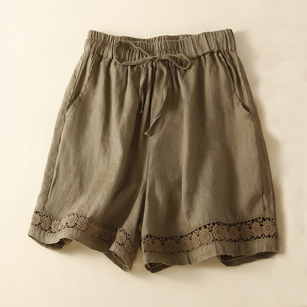 Buddha Stones Plain Color Bottom Hollow Lace Design Lace-up Cotton Linen Women's Shorts With Pockets Women's Shorts BS Olive US12，UK/AU16，EU44 (3XL)