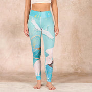 Buddha Stones Mint Green Mountain Crane Print Fitness Leggings Women's Yoga Pants Leggings BS 1