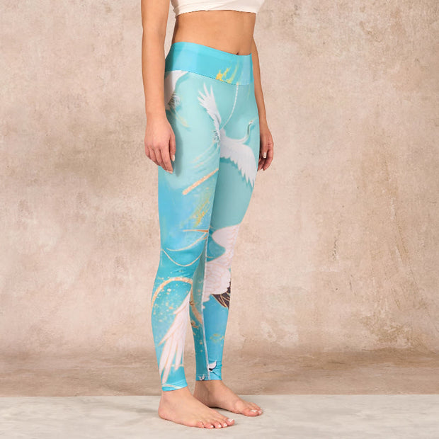 Buddha Stones Mint Green Mountain Crane Print Fitness Leggings Women's Yoga Pants Leggings BS 2