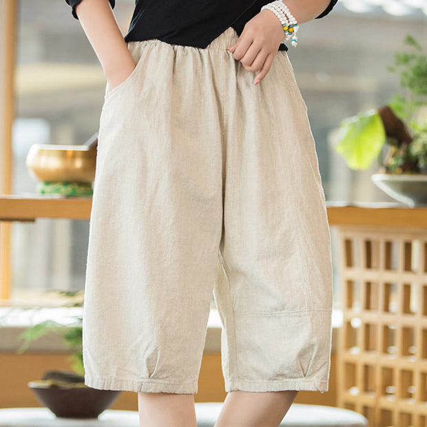 Buddha Stones Casual Plain Color Cotton Ramie Women's Shorts With Pockets Women's Shorts BS 21