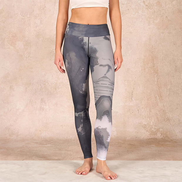 Buddha Stones Ink Painting Mountain Pavilion Print Fitness Leggings Women's Yoga Pants