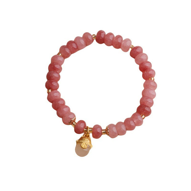 Buddha Stones Strawberry Quartz Cyan Jade Lucky Cat Beads Healing Bracelet