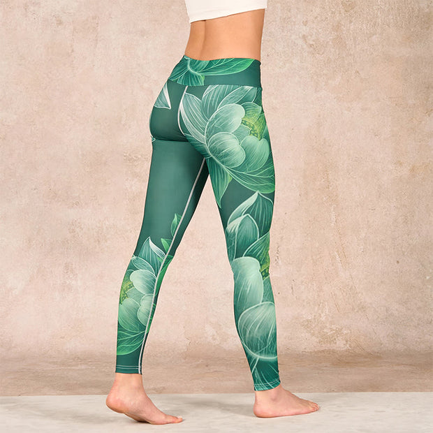 Buddha Stones Dark Green Lotus Flower Leaf Print Gym Fitness Leggings Women's Yoga Pants Leggings BS 3