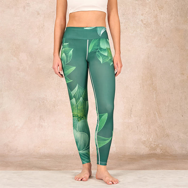 Buddha Stones Dark Green Lotus Flower Leaf Print Gym Fitness Leggings Women's Yoga Pants - image 2