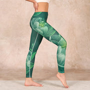 Buddha Stones Dark Green Lotus Flower Leaf Print Gym Fitness Leggings Women's Yoga Pants