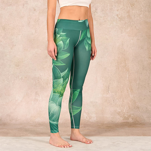 Buddha Stones Dark Green Lotus Flower Leaf Print Gym Fitness Leggings Women's Yoga Pants - image 3