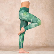 Buddha Stones Dark Green Lotus Flower Leaf Print Gym Fitness Leggings Women's Yoga Pants