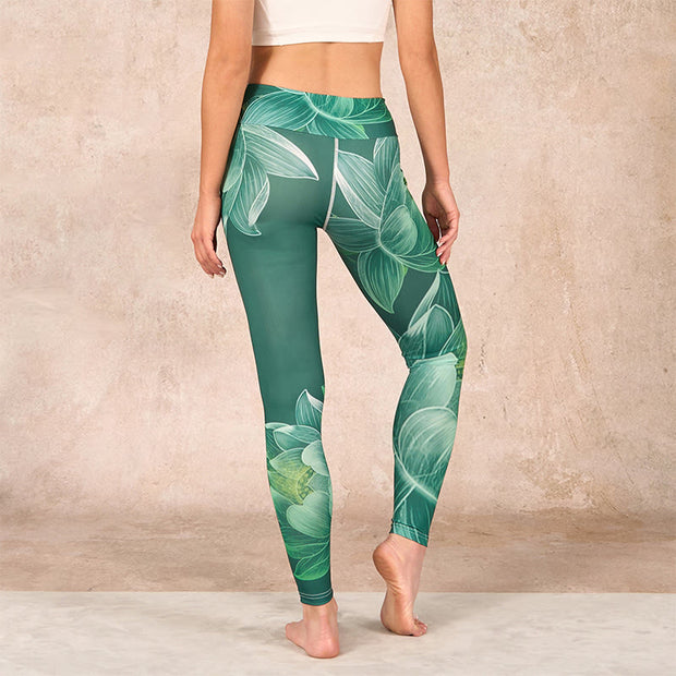 Buddha Stones Dark Green Lotus Flower Leaf Print Gym Fitness Leggings Women's Yoga Pants