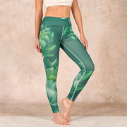 Buddha Stones Dark Green Lotus Flower Leaf Print Gym Fitness Leggings Women's Yoga Pants - SeaGreen - US18，UK/AU22，EU50 (4XL) - image 1