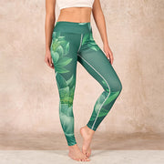 Buddha Stones Dark Green Lotus Flower Leaf Print Gym Fitness Leggings Women's Yoga Pants Leggings BS SeaGreen US18，UK/AU22，EU50 (4XL)