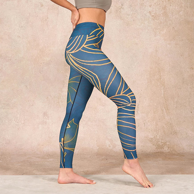 Buddha Stones Gray Golden Koi Fish Lotus Print Gym Leggings Women's Yoga Pants