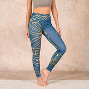 Buddha Stones Gray Golden Koi Fish Lotus Print Gym Leggings Women's Yoga Pants - CadetBlue - US18，UK/AU22，EU50 (4XL) - image 1