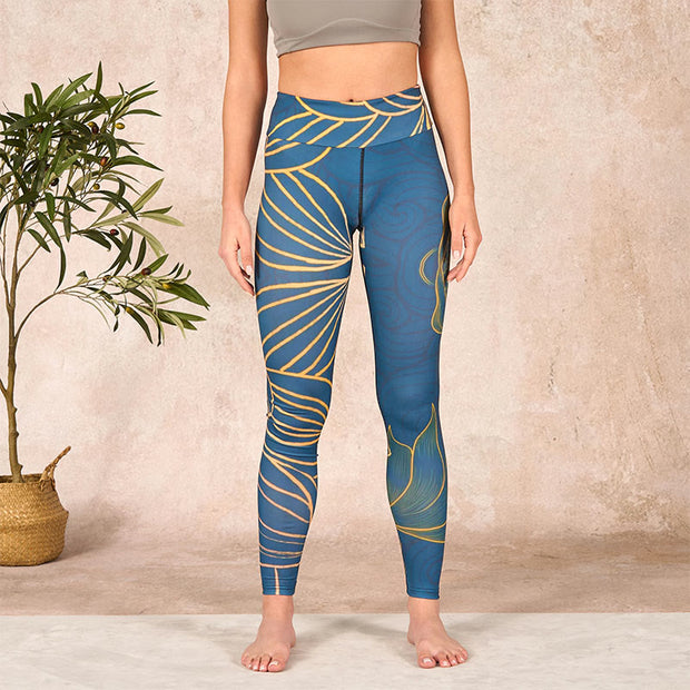 Buddha Stones Gray Golden Koi Fish Lotus Print Gym Leggings Women's Yoga Pants - image 2