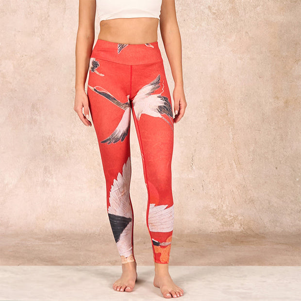 Buddha Stones Crane Print Lycra Fabric Fitness Leggings Women's Yoga Pants