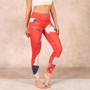 Buddha Stones Crane Print Lycra Fabric Fitness Leggings Women's Yoga Pants Leggings BS Crimson US18，UK/AU22，EU50 (4XL)