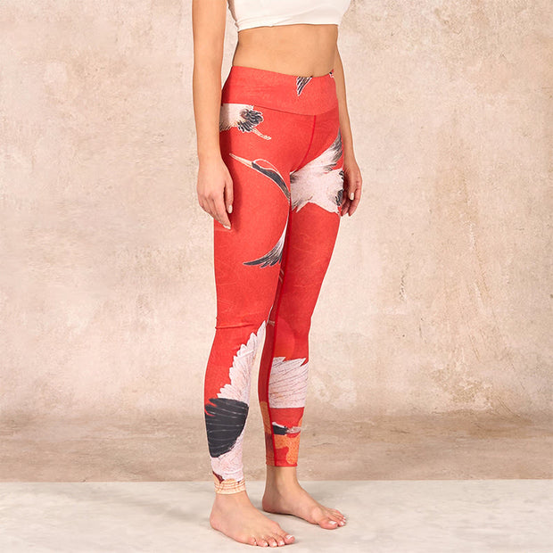 Buddha Stones Crane Print Lycra Fabric Fitness Leggings Women's Yoga Pants