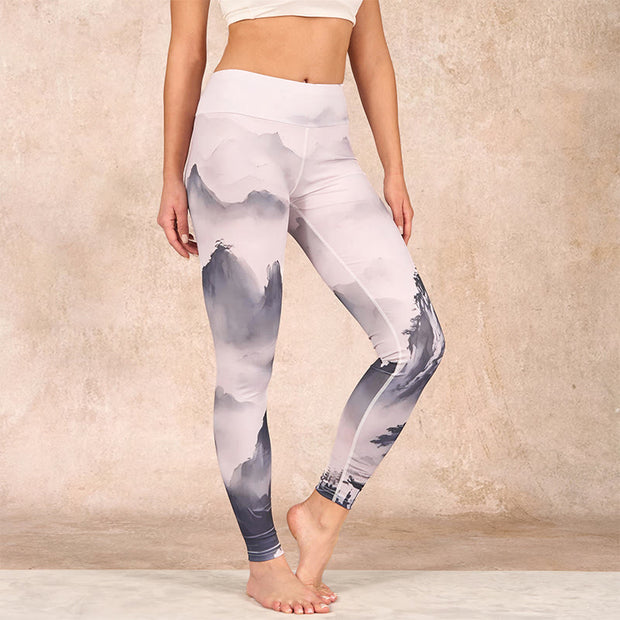 Buddha Stones Splash-ink Landscape Painting Print Fitness Leggings Women's Yoga Pants - Ink Landscape - US18，UK/AU22，EU50 (4XL) - image 1