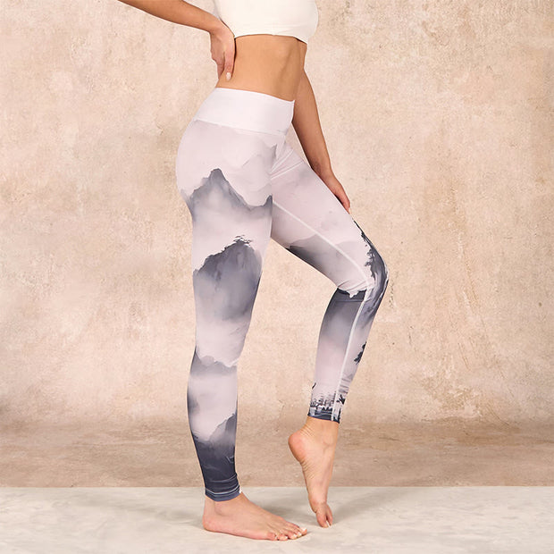 Buddha Stones Splash-ink Landscape Painting Print Fitness Leggings Women's Yoga Pants Leggings BS 2