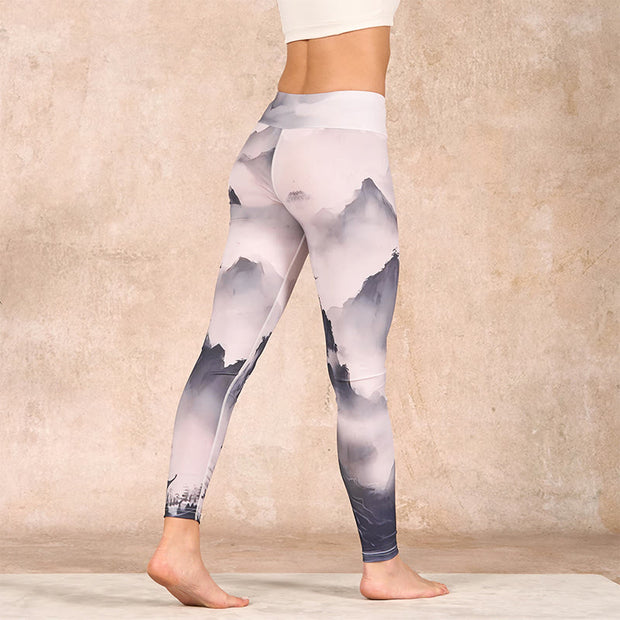 Buddha Stones Splash-ink Landscape Painting Print Fitness Leggings Women's Yoga Pants