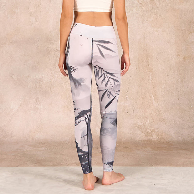 Buddha Stones Ink Bamboo Pine Mountains Print Gym Leggings Women's Yoga Pants