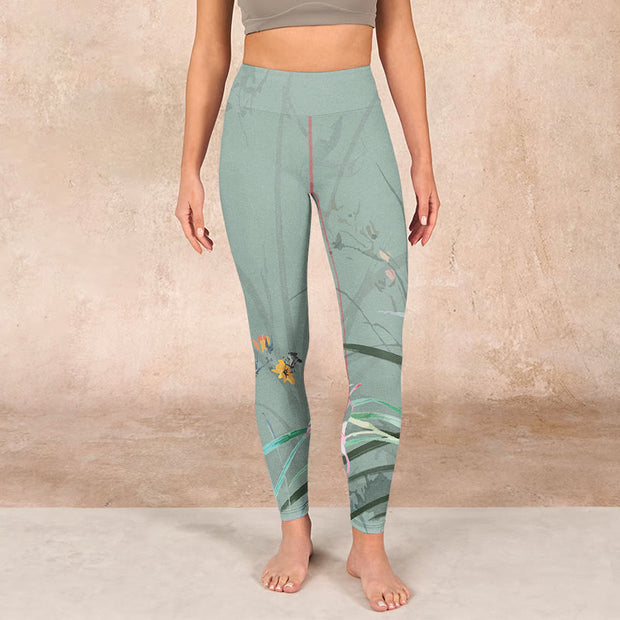 Buddha Stones White Pink Orchids Leaves Print Gym Leggings Women's Yoga Pants - image 2